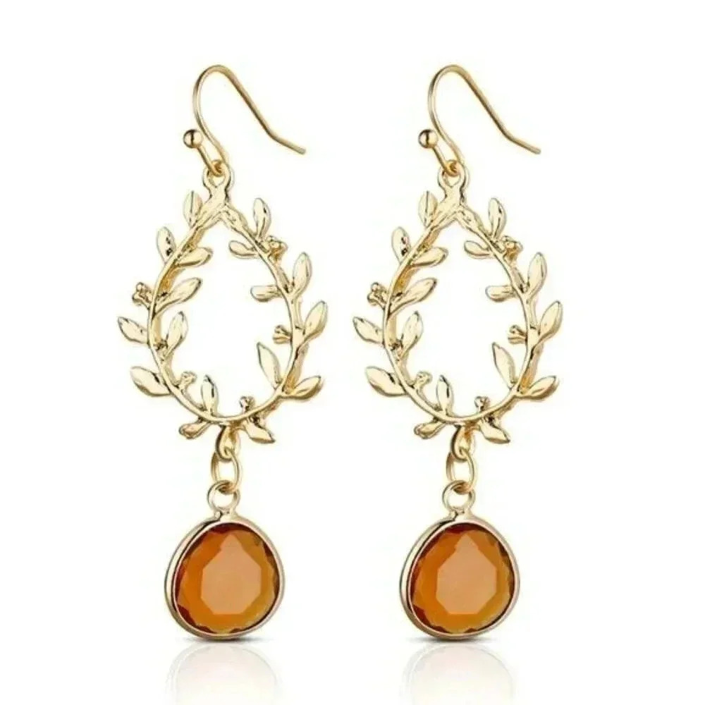 Elegant Gold Laurel Wreath Amber Crystal Earrings